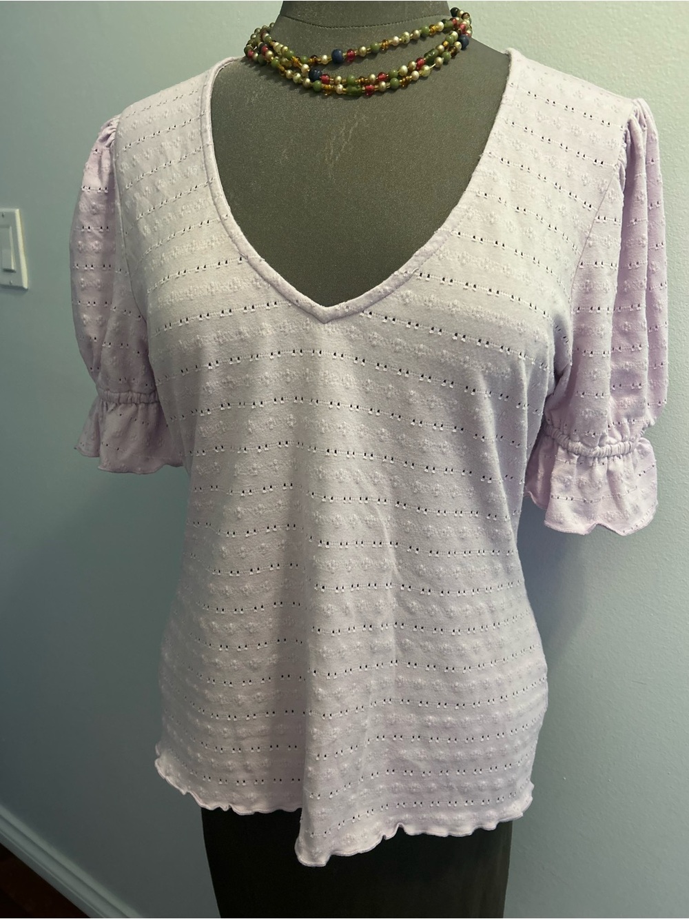 Tularosa Lavender Eyelet V-Neck Puff Sleeve short sleeve Top